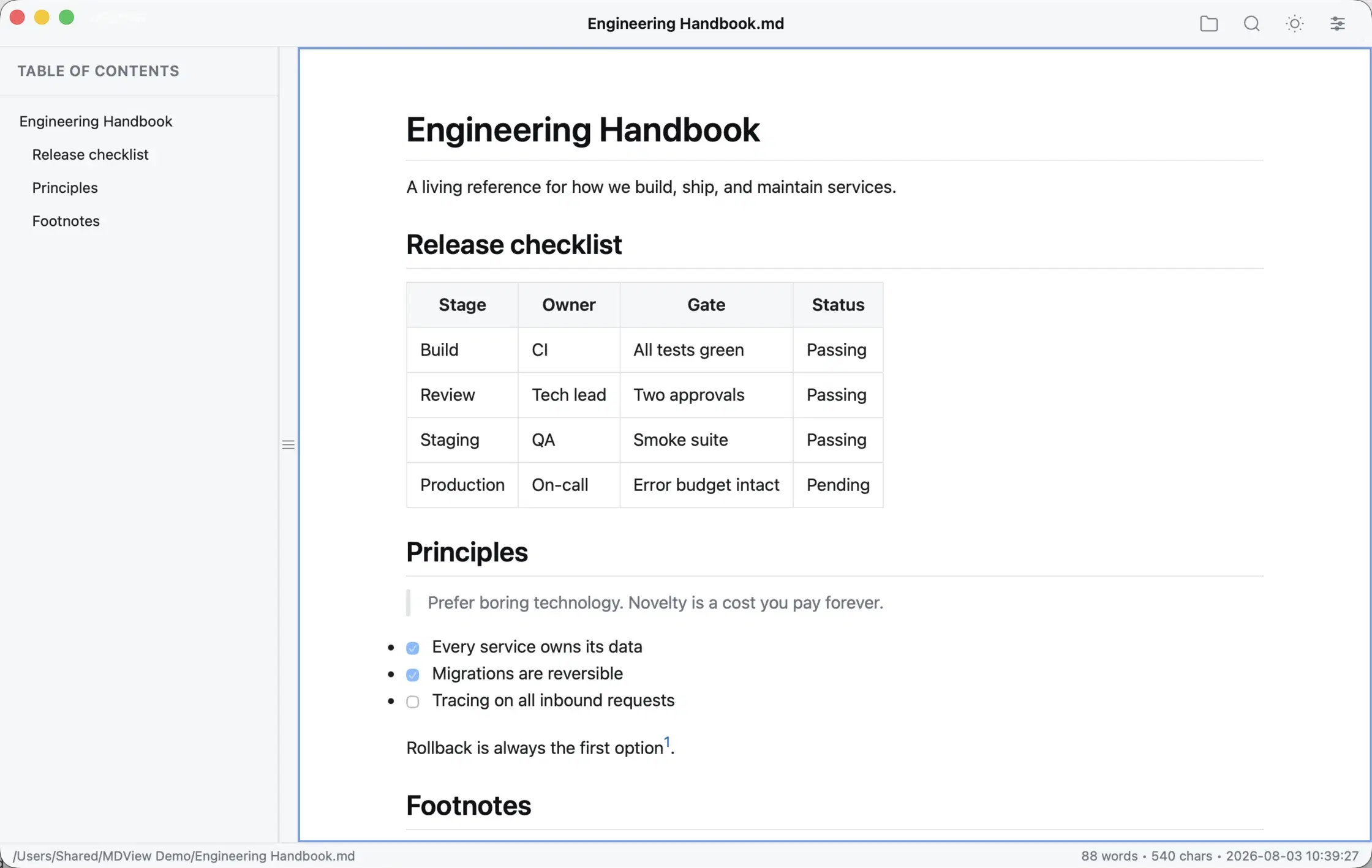 MDView showing an engineering handbook with the table of contents open