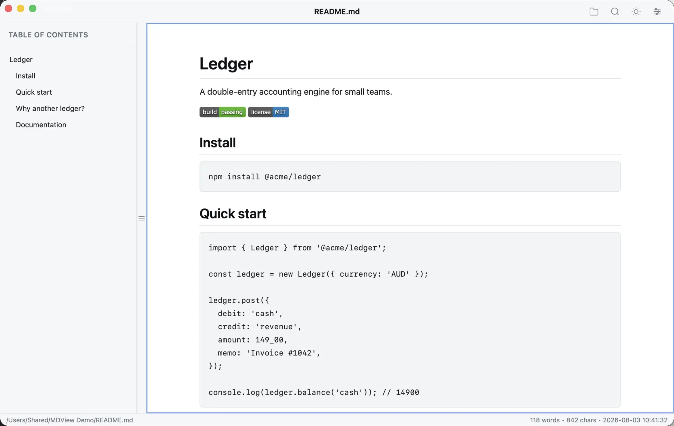 A project README in MDView, with badges, headings and a code block