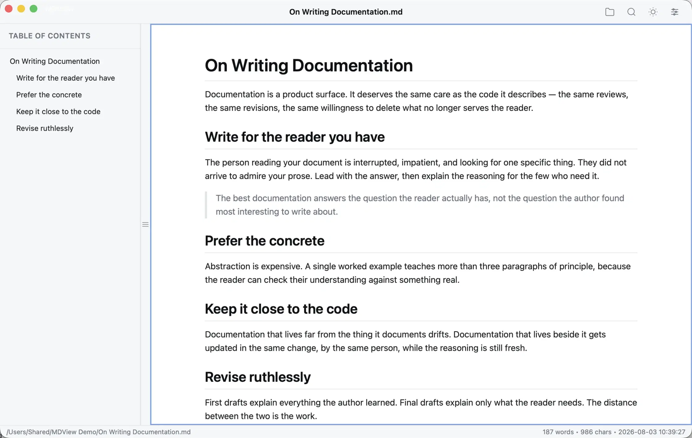 A prose document in MDView, showing headings, body text and a block quote